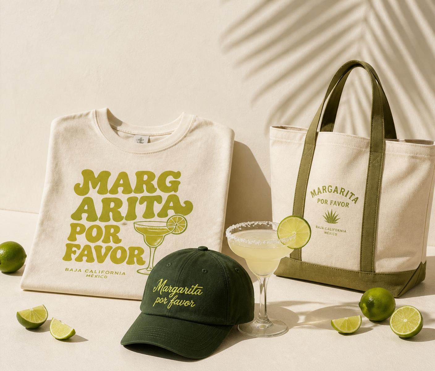 Mr. Margarita t-shirt, cap and tote bag on cream backdrop