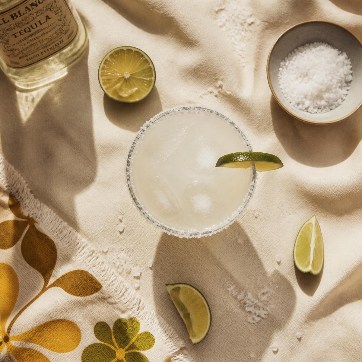 Overhead of a classic margarita with lime and salt